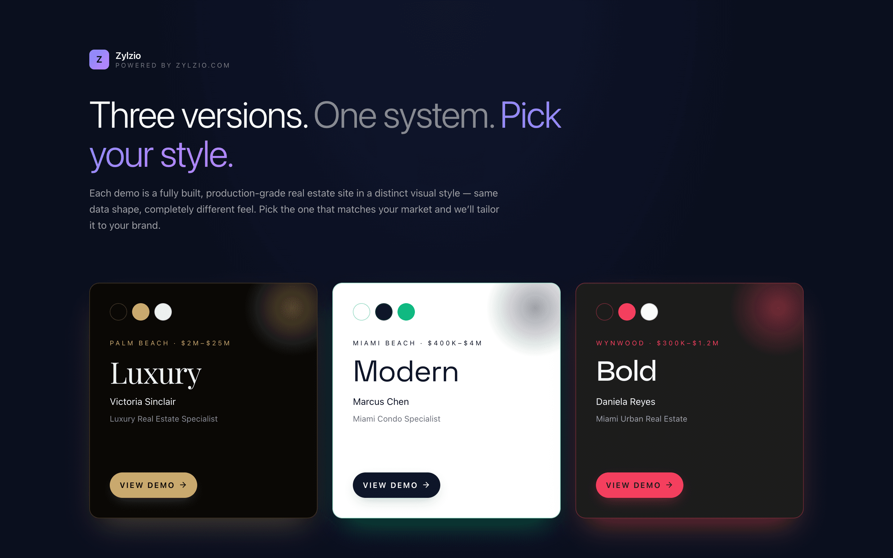 Real estate demo hub showing Luxury, Modern, and Bold style cards
