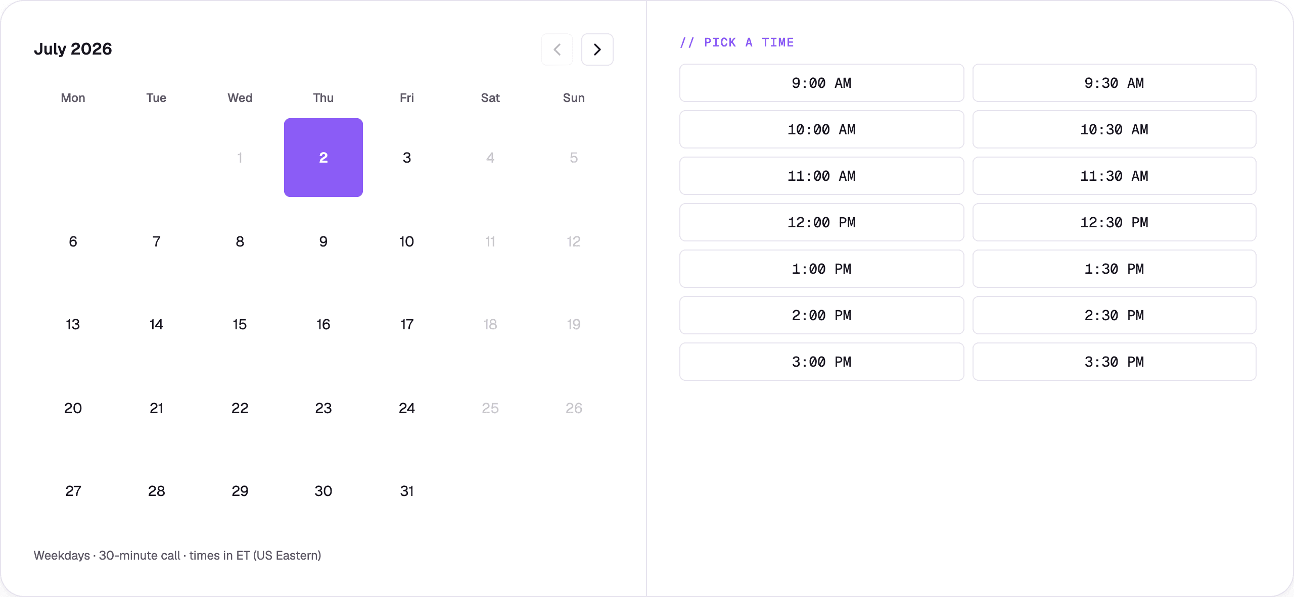Real screenshot: the live booking calendar on this site
